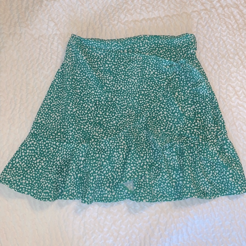 Y2K Mini Wrap Skirt Green Floral Print Ruffle Side Zipper Size Small